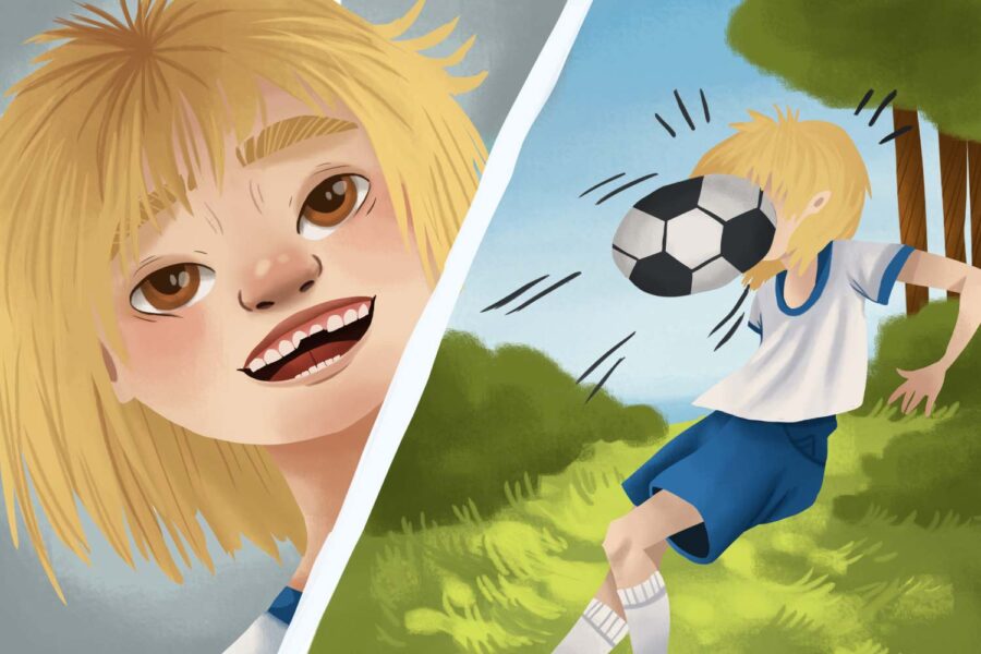 Cartoon image of a blonde girl with chipped teeth after a soccer ball hits her in the face