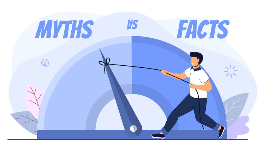 Illustration of a man using a rope to pull a giant dial from MYTHS to FACTS on a meter gauge