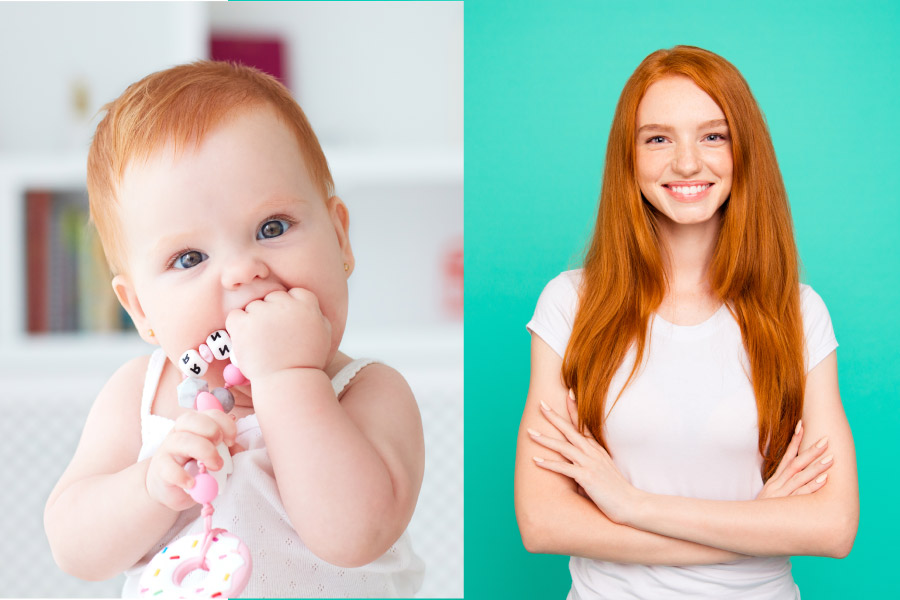 Teething redhead baby girl next to a redheaded teenage girl in a white t-shirt