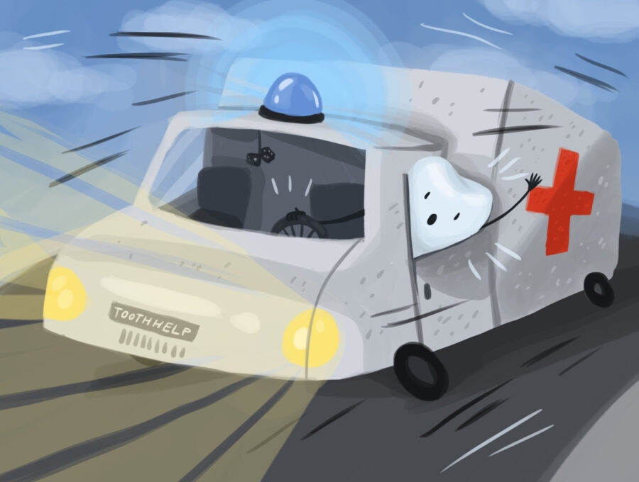 Illustration of a tooth driving an ambulance coming to help with a dental emergency